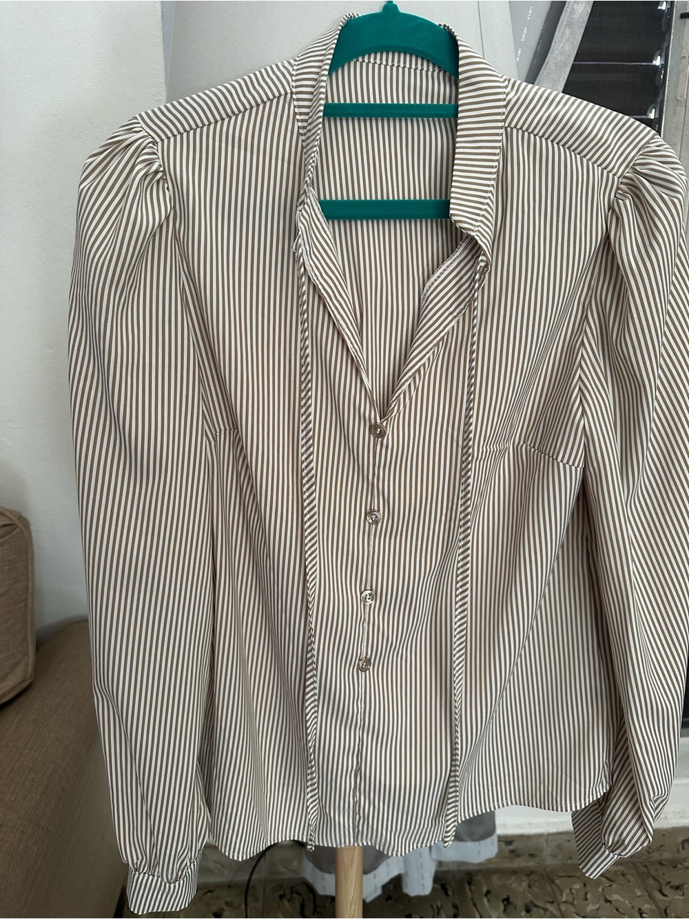 Chic Beige Striped Tie-Neck Blouse | Puff Sleeve Top - Size S